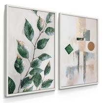 Quadro Decorativo Dupla Folhagem Abstrato Arte Floral Verde Sala Decor com Moldura