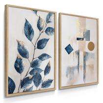 Quadro Decorativo Dupla Folhagem Abstrato Azul Arte Floral Bela para Sala 70x50 com Moldura