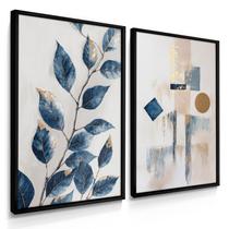 Quadro Decorativo Dupla Folhagem Abstrato Azul Arte Floral Bela para Sala 70x50 com Moldura Quadro Decorativo Dupla Folhagem Abstrato Azul Arte Floral Bela para Sala 70x50 com Moldura
