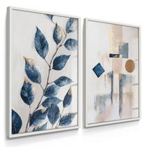 Quadro Decorativo Dupla Folhagem Abstrato Azul Decor Sala Flores Modernas com Vidro