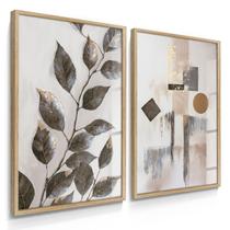 Quadro Decorativo Dupla Folhagem Abstrato Bege Sala Decoração Parede Floral com Vidro Quadro Decorativo Dupla Folhagem Abstrato Bege Sala Decoração Parede Floral com Vidro