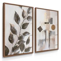Quadro Decorativo Dupla Folhagem Abstrato Bege Sala Decoração Parede Floral com Vidro Quadro Decorativo Dupla Folhagem Abstrato Bege Sala Decoração Parede Floral com Vidro