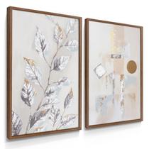Quadro Decorativo Dupla Folhagem Abstrato Prata Sala Luxo 70x50 com Moldura