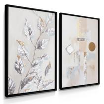 Quadro Decorativo Dupla Folhagem Abstrato Prata Sala Luxo 70x50 com Moldura