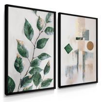 Quadro Decorativo Dupla Folhagem Abstrato Verde Sala Arte Moderna Floral 70x50 Kit com Moldura