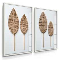 Quadro Decorativo Dupla Folhas em Palha para Sala Hall Luxo 70x50 Vidro -