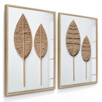 Quadro Decorativo Dupla Folhas em Palha para Sala Hall Luxo 70x50 Vidro - Quadro Decorativo Dupla Folhas em Palha para Sala Hall Luxo 70x50 Vidro -