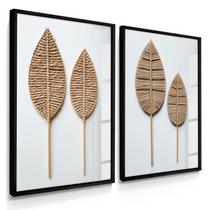 Quadro Decorativo Dupla Folhas em Palha para Sala Hall Luxo 70x50 Vidro -