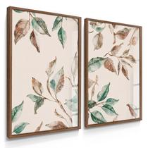 Quadro Decorativo Dupla Galhos Folhas Decoração Sala Escritório Flores Lindas com Vidro