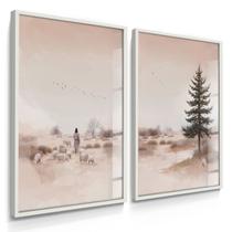Quadro Decorativo Dupla Jesus Pastor Religioso Cristo Campo Ovelhas 55x40 com Vidro