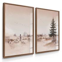 Quadro Decorativo Dupla Jesus Pastor Religioso Cristo Campo Ovelhas 55x40 com Vidro