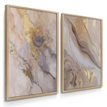 Quadro Decorativo Dupla Mármore Golden Duo Decoração Luxo Sala Parede Moderna com Moldura