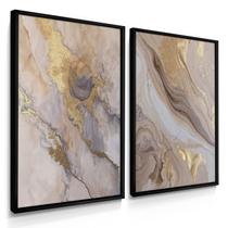 Quadro Decorativo Dupla Mármore Golden Duo Decoração Luxo Sala Parede Moderna com Moldura