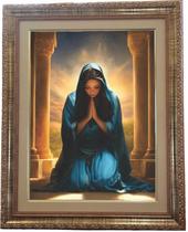 Quadro decorativo e religioso da Nossa Senhora Da Contemplação, ajoelhada, modelo 04, medindo 53x43cm Angelus.