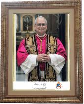Quadro decorativo e religioso do Papa Leão X I V, foto oficial e o brasão Modelo 02, Medindo 53x43cm. Angelus