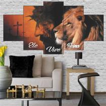 Quadro Decorativo Ele Vive Reina N Jesus Cristo + Cruz Leao Juda