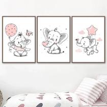 Quadro Decorativo Elefante Rosa Quarto Bebê Menina Delicado Kit 3 peça Decoração Mosaico