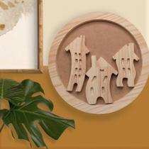 Quadro Decorativo em Pinus com Trio Mini Casinhas Kit 4 Peças