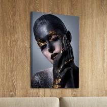 Quadro Decorativo em Tela Artística Mulher com Maquiagem Dourada 60x40cm para Sala Recepção Escritório Quarto