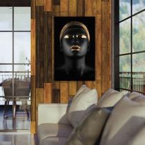Quadro Decorativo em Tela Face Mulher Negra com Detalhes Dourado 60x40cm para Sala Recepção Escritório Quarto