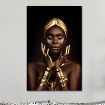 Quadro Decorativo em Tela Mulher Negra Luxo com Detalhes Dourado 100x60cm para Sala Recepção Escritório Quarto