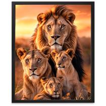 Quadro Decorativo Família De Leão Canva 100 Algodão Premium com Moldura de Madeira Preta Sala Quarto Escritório 77x94cm