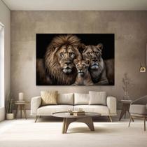 Quadro Decorativo Familia de Leões Fundo Preto Tecido Canvas
