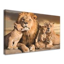 Quadro Decorativo Família Leão em Tela Grande 55cm X 90cm Borda Infinita