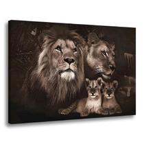 Quadro Decorativo Familia Leão Leoa Filhotes Preto e Branco Sala Quarto Escritório 60x90cm Tela Tecido