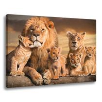 Quadro Decorativo Familia Leões Com 4 Filhotes Leão Leoa Tela Grande Sala Quarto Escritorio Cozinha Tecido Canvas 55x90cm