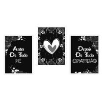 Quadro Decorativo Fé E Gratidão Preto/Cinza 24X18Cm 3 Peças