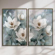 Quadro Decorativo Flor Branca Fundo Azul Kit 2 Quadros