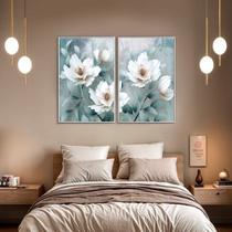 Quadro Decorativo Flor Branca Fundo Azul Kit 2 Quadros