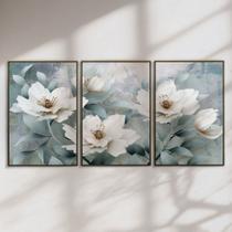 Quadro Decorativo Flor Branca Fundo Azul Kit 3 Quadros