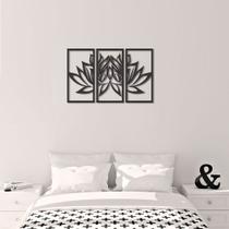 Quadro Decorativo Flor De Lotus Preto Vazado 3 Peças MDF 3mm - 85x55cm