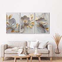 Quadro Decorativo Floral Delicado Branco e Dourado 3 Telas de Parede para Sala Quarto Escritório 60c Branco