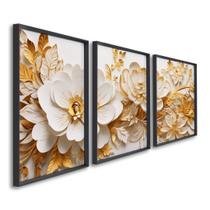 Quadro Decorativo Floral Delicado Flores Brancas e Amarelas com 3 Telas 50x75 e 60x90 de Parede para Sala Quarto Escritório