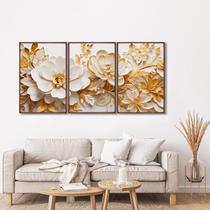 Quadro Decorativo Floral Delicado Flores Brancas e Amarelas com 3 Telas 60x90cm para Sala Quarto Sem Vidro