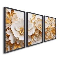 Quadro Decorativo Floral Delicado Flores Brancas e Amarelas com 3 Telas de Parede para Sala Quarto e Preto