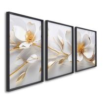 Quadro Decorativo Floral Delicado Magnólias com 3 Telas de Parede para Sala Quarto Escritório 60cm X Com Vidro