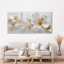 Quadro Decorativo Floral Delicado Magnólias com 3 Telas de Parede para Sala Quarto Escritório