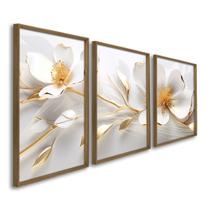 Quadro Decorativo Floral Delicado Magnólias com 3 Telas de Parede para Sala Quarto Escritório