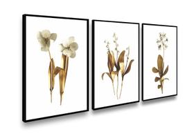 Quadro Decorativo Floral Dourado Ouro Moldura Vidro Sala