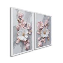 Quadro Decorativo Floral Flor de Porcelana com 2 Telas de Parede para Sala Quarto Escritório 60cm x Branco