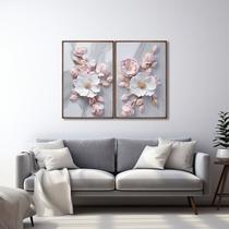 Quadro Decorativo Floral Flor de Porcelana com 2 Telas de Parede para Sala Quarto Escritório 60cm x Com Vidro