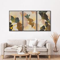 Quadro Decorativo Floral Flores Tropicais com 3 Telas de Parede para Sala Quarto Escritório 60cm X 9 Preto