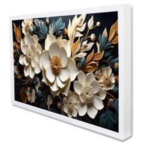 Quadro Decorativo Floral Luxo Flores Tons de Ouro e Azul em Moldura Caixa