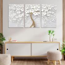 Quadro Decorativo Flores Cerejeira Branca 3P Sem Moldura Decoração Sala Quarto - CAVERNA QUADROS