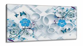 Quadro Decorativo Flores e Borboletas Azuis Estilo 3d em Tecido canvas 130x60