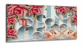 Quadro Decorativo Flores e Cisnes Arcos Estilo 3d em Tecido Canvas 130x60 Quadro Decorativo Flores e Cisnes Arcos Estilo 3d em Tecido Canvas 130x60